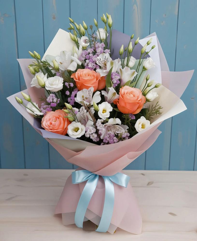 Букет цветов из: Лизиантусы, Розы, Альстромерии и Гипсофила в Ярцево